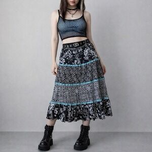 Y2K Tiered Skirt Dark Floral Patchwork XL Ribbon Whimsigoth Goth Mixed Pattern